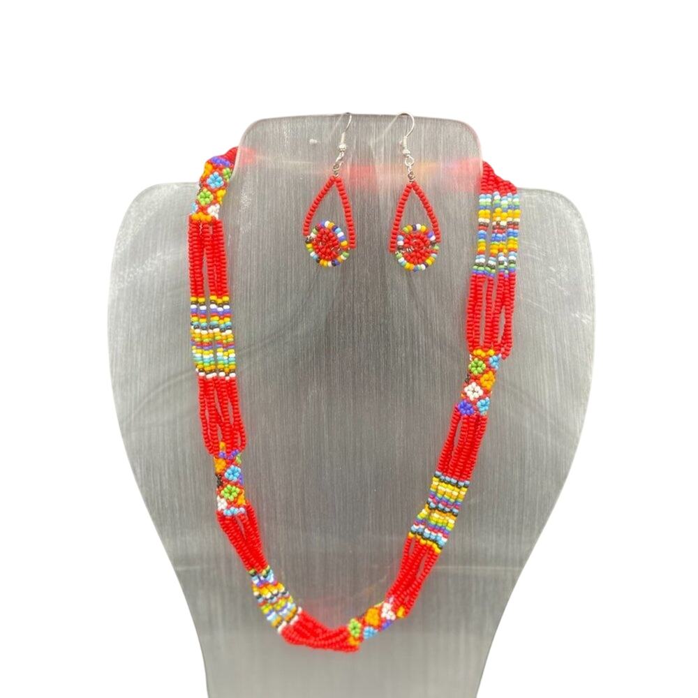 NWOT Red Maasai Multi Strand Bead w/multi colored flowers-Stndrd Length w/clsp